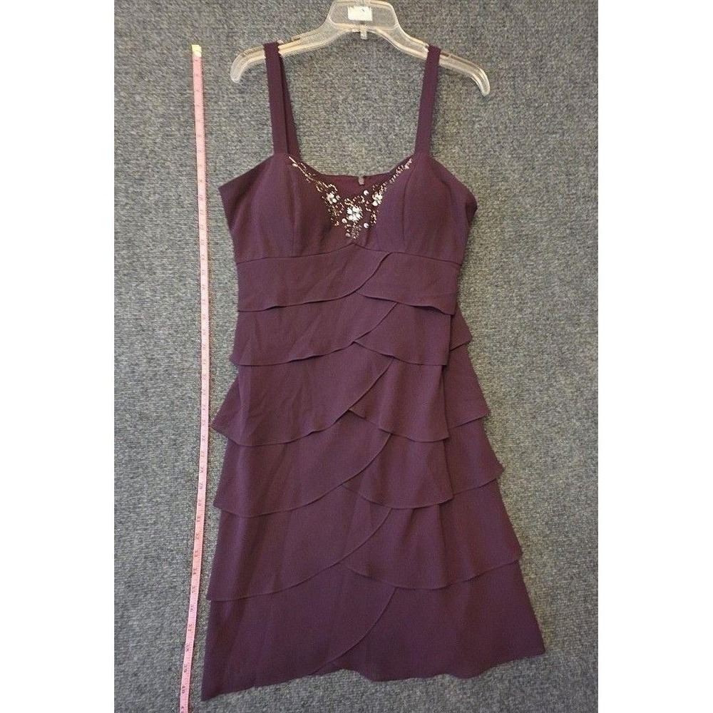 S.L. Fashions Dress Womens 14 Purple Beaded Tiered Ruffle Sheath Party Cocktail